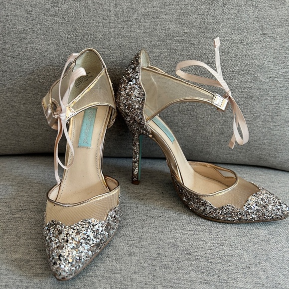 Betsey Johnson Stela Glitter Ankle-tie Pumps in Champagne - Picture 7 of 7